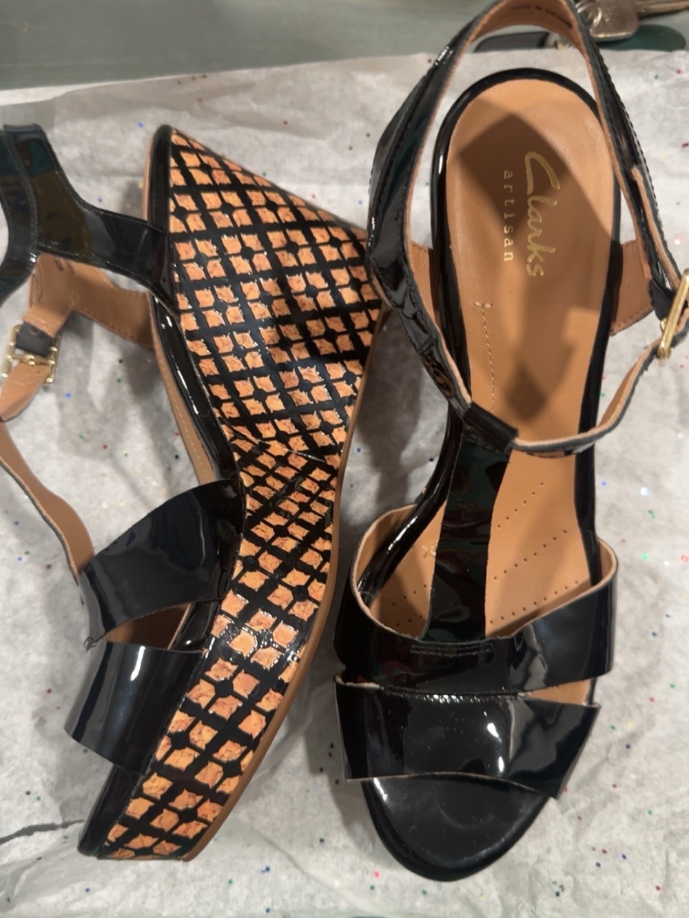 Clarks Black Patent Wedge Sandals with Tan Patterned Platform
